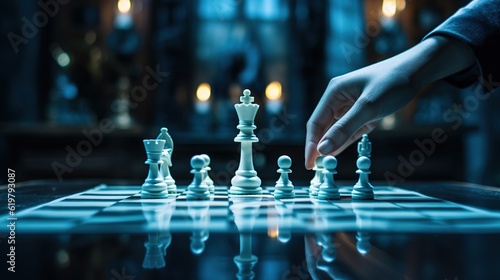 strategy board game, checkmate vision, or contest, playing hands or chess knight on a house, home, or living room table. Zoom, women, friends, and chessboard pawn in mind challenge with generative ai