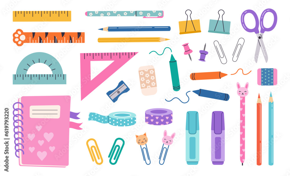 Cute school stationery set. Vector hand draw illustration in a flat cartoon style. Notebook, pencils, markers, rulers, washing, paper clips, tape. Various accessories for study and creativity. Cute school stationery set. Vector hand draw illustration in a flat cartoon style. Notebook, pencils, markers, rulers, washing, paper clips, tape. Various accessories for study and creativity.