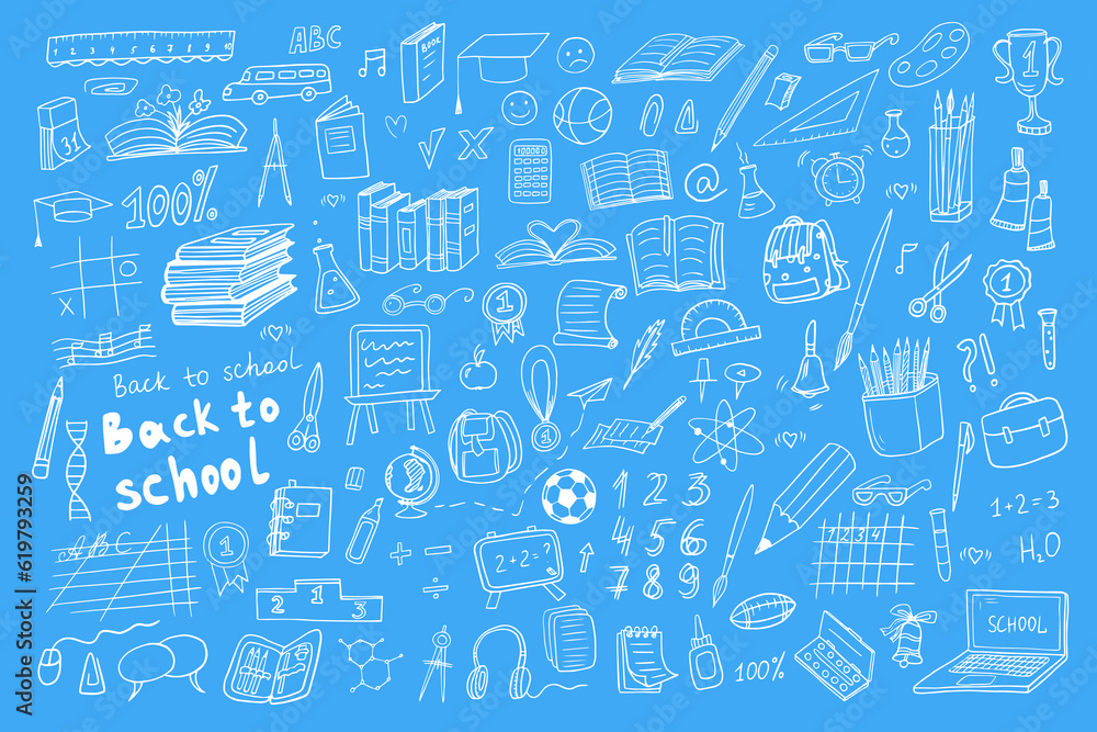 Big cute hand-drawn set of school icons. Back to school in original doodle style can be used for textile fabric design, wrapping paper, banner, posters, cards, stickers, professional design and web. Big cute hand-drawn set of school icons. Back to school in original doodle style can be used for textile fabric design, wrapping paper, banner, posters, cards, stickers, professional design and web.