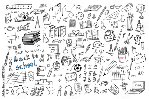 Big cute set of school icons. Back to school. Doodle style. Good for textile fabric design, wrapping paper, banner, posters, cards, stickers, professional design and website wallpapers.