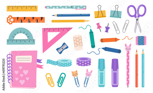 Cute school stationery set. Vector hand draw illustration in a flat cartoon style. Notebook, pencils, markers, rulers, washing, paper clips, tape. Various accessories for study and creativity.