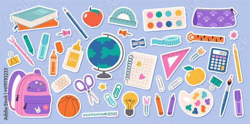 Big set of school supplies and education stickers. Back to school. Backpack, books, globe, pencil box, paints, ruler, pen, pencil. Suitable for prints, cards, paper crafts, scrapbooking.