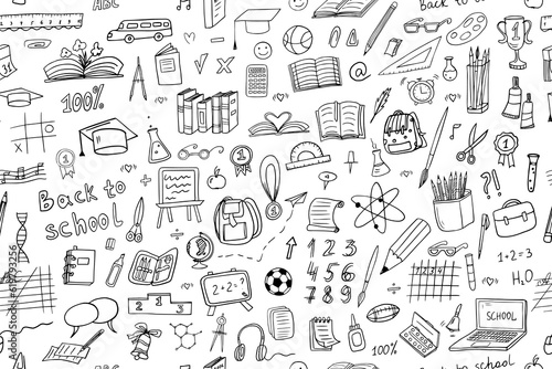 Back to school seamless vector pattern. Great for textile fabric design, wrapping paper, banner, posters, cards, stickers, professional design and website wallpapers. Doodle style