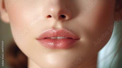 Woman beautiful face close up with healthy skin and beauty lips and eyes with generative ai