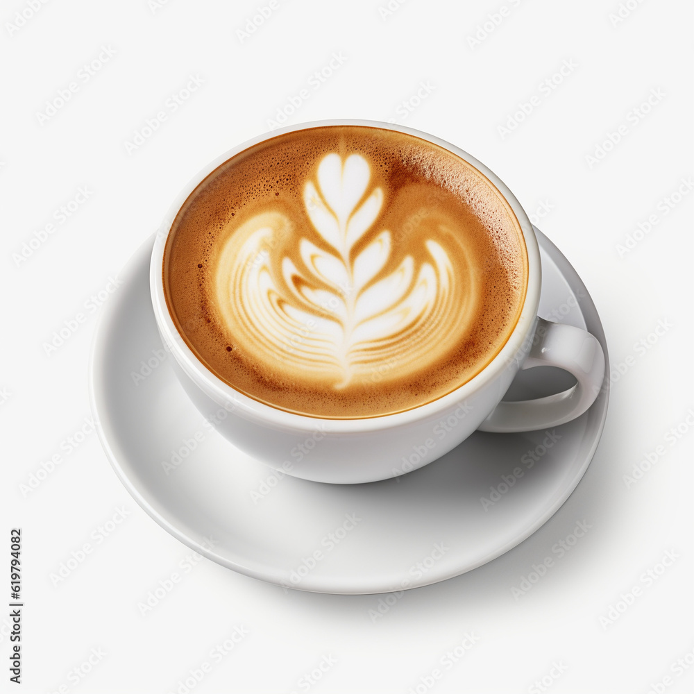 cup of tasty coffee and a saucer on a white background top view, AI generation cup of tasty coffee and a saucer on a white background top view, AI generation