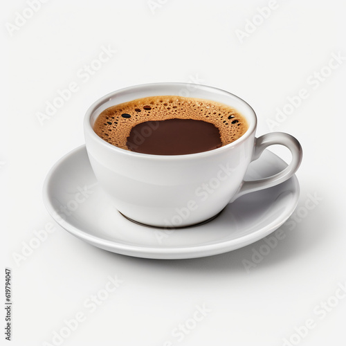 cup of tasty coffee and a saucer on a white background top view, AI generation