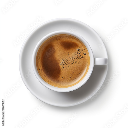 cup of coffee and a saucer on a white background top view, AI generation