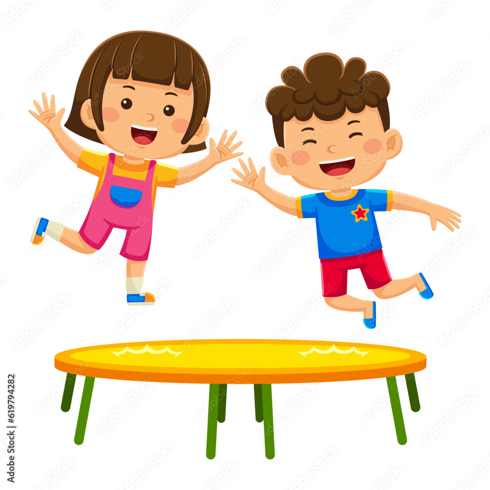 happy kids playing trampoline in vector illustration happy kids playing trampoline in vector illustration