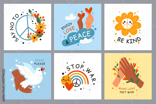 Peace symbols cards. Different skin colors hands. Love and freedom. Hippie floral signs. Pacificus in flowers. Rainbow and smiley. White dove. Stop war. Garish vector square banners set