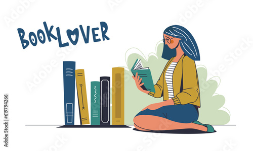 A woman sits and reads a book with pleasure and interest. Book lover on the background of books. Book therapy session. Concept design. Vector flat illustration