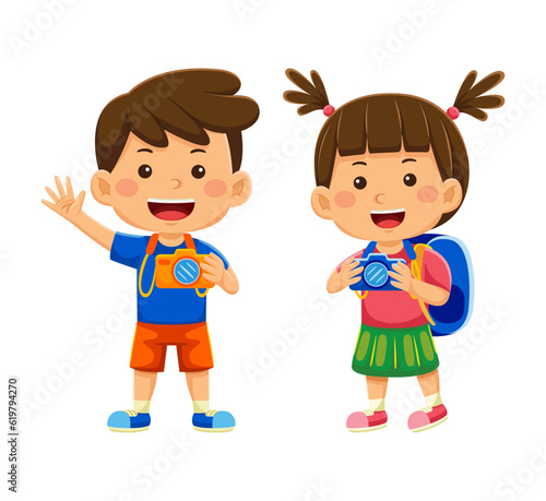 girl kids holding camera taking picture in vector illustration