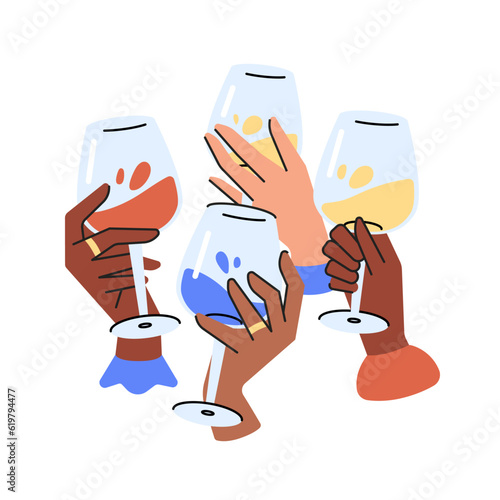 Friends hands holding glasses with champagne, wine, cocktail and cheers or drinking toast to friendship. Colored graphic flat vector illustration isolated on white background