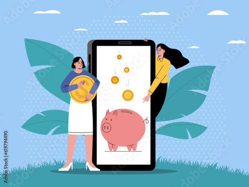 People use smartphone functions. Online mobile banking. Women buy gold coins through app. Investing in cryptocurrency. Piggy bank. Phone application. Financial savings. Vector concept
