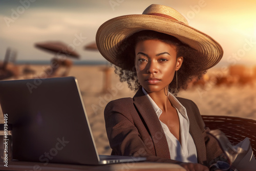 African American businesswoman working on her laptop on a beach in summer