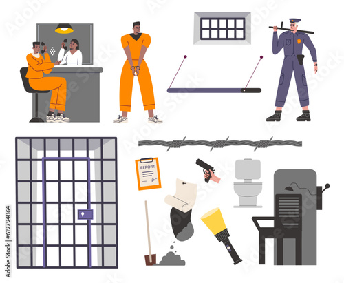Prison elements. Cartoon prisoners in overalls and handcuffed. Cell with bars. Dating room. Barbed wire. Electric chair. Jailhouse cage objects. Convicted guy or guard. Vector jail set