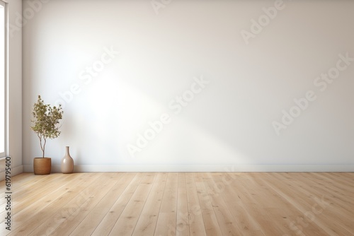   mpty room with white wall and wooden floor generative ai