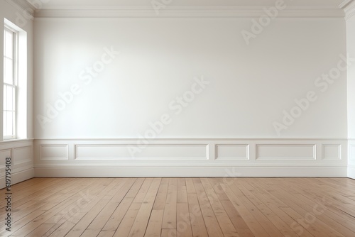   mpty room with white wall and wooden floor generative ai