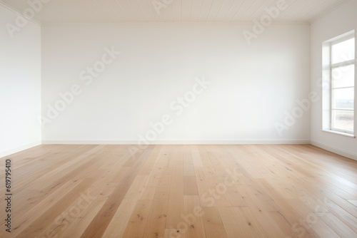   mpty room with white wall and wooden floor generative ai