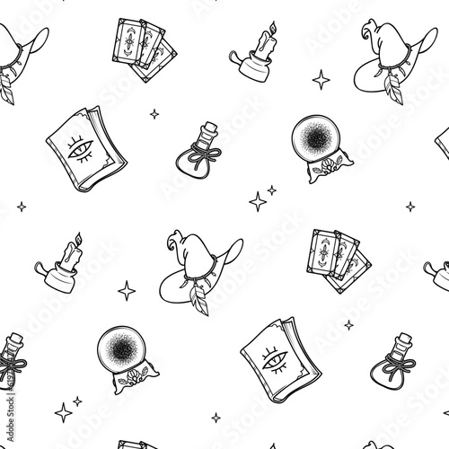 Seamless pattern for printing on fabric, magic items of a witch or sorcerer