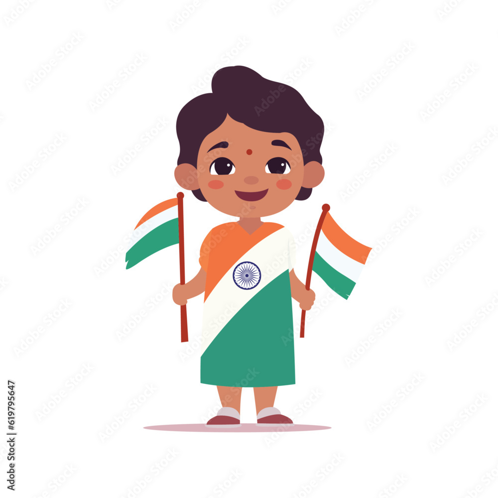 free vector of brown girl with short hair wearing Indian flag on dress holding flags with the hands using vector illustration art happy independence day free vector of brown girl with short hair wearing Indian flag on dress holding flags with the hands using vector illustration art happy independence day
