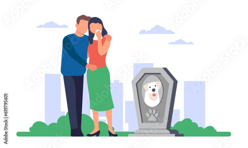 Sad young male and female couple standing near grave of their dog in cemetery. People mourn dead puppy. Pet owners despair and cry. Memorial tomb for domestic animal. Vector concept