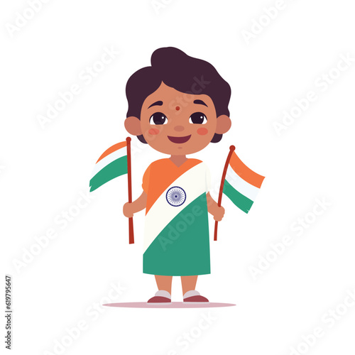 free vector of brown girl with short hair wearing Indian flag on dress holding flags with the hands using vector illustration art happy independence day