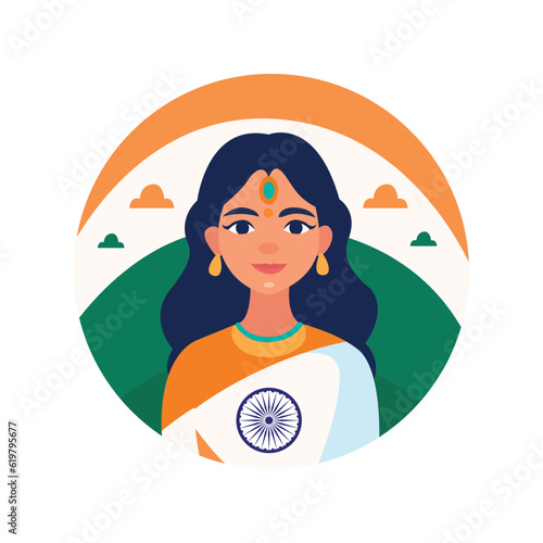 free vector of brown lady with wearing indian saree of national indian flag in front of indian flag using vector illustration artwork Happy Independence day