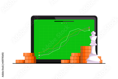 Digital financial growth concept, Financial system management online with chess king piece, tablet, gold coin on isolated background, Digital marketing illustration.