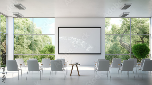 A classroom or presentation room. White chairs, panoramic windows with white copy space and a chalkboard on the wall., Generative AI