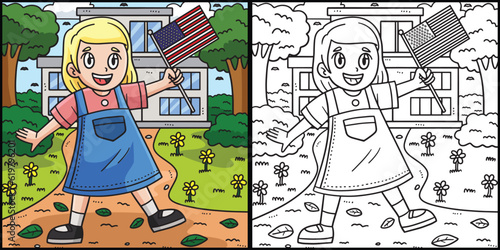 4th Of July Child Waving USA Flag Illustration