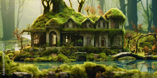 dwarf house overgrown with moss, fictional architecture made with generative ai