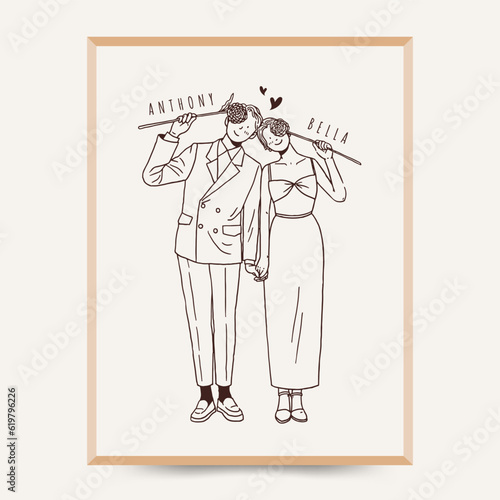 Cute bride and groom holding flowers to cover their face illustration line art style