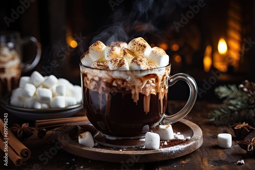 hot chocolate with marshmallows in glasses on a wooden table