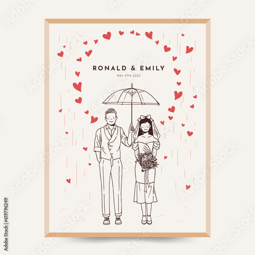 The groom holds an umbrella to cover the bride in the rain of hearts illustration line art style