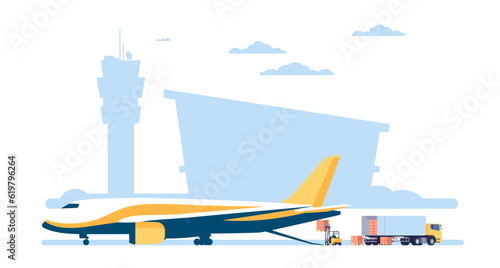 Unloading cargo plane at airport. Freight airplane loading. Aircraft or truck transportation. Logistics service. Forklift moving containers into lorry. Packages shipment. Vector concept