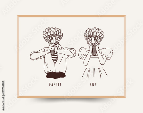 Cute couple holding a bouquet of tulips covering their faces illustration by line art