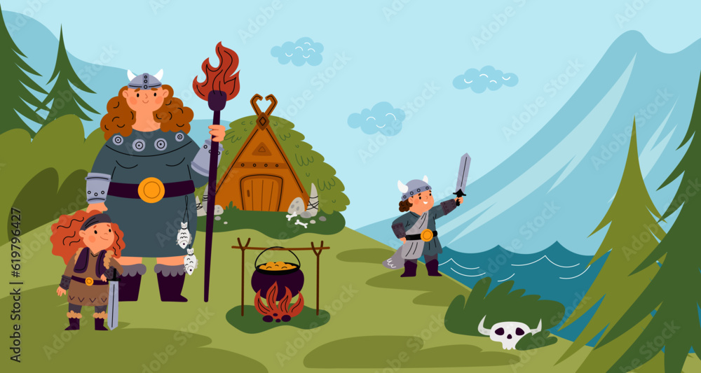 Naklejka premium Viking family life. Scandinavian woman with children. Home hearth keeper. Historic characters. Barbarian mother and kids. Cooking on bonfire. Nature landscape. Garish vector concept