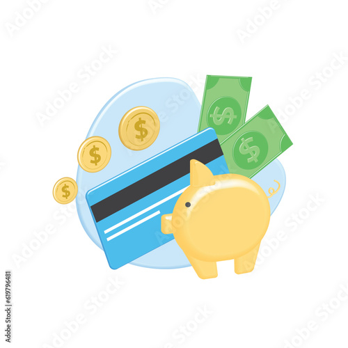3d golden pig piggy bank for saving finances, budget, money. Cartoon, volumetric coins, cash. Banking service, account with debit, credit card. Contactless payment. Vector business.