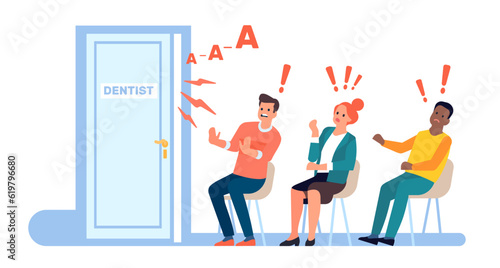 People in fear of dentists. Frightened by sounds of dental office. Panicked patients waiting medical appointment in lobby. Persons afraid of doctors. Scared men and women. Vector concept photo
