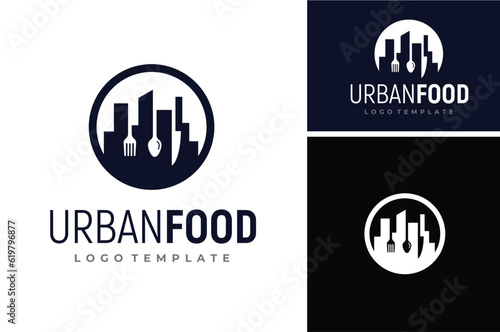 City Skyline Building Silhouette with Fork Spoon Knife Cutlery for Urban Dish Food Cuisine Restaurant logo design