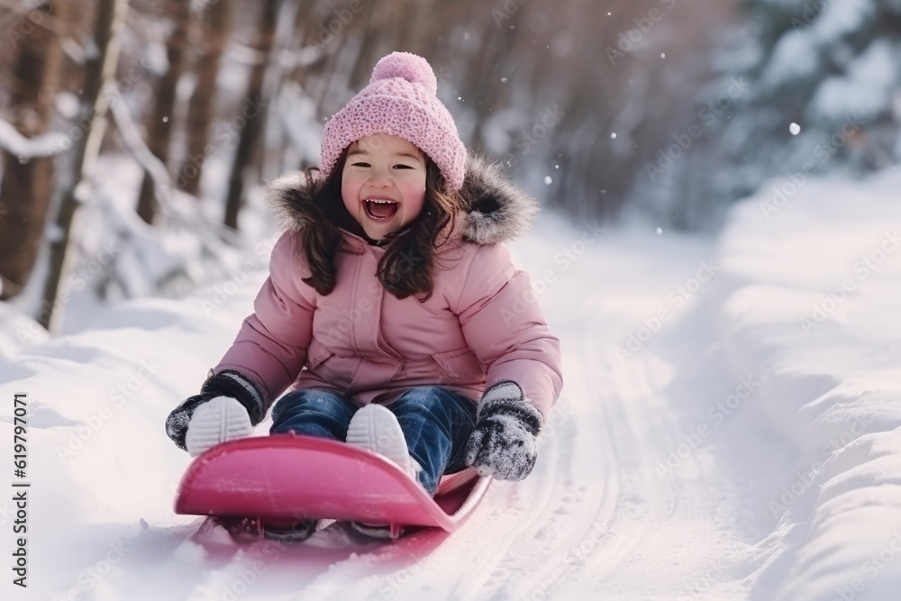 Happy girl sledding outdoors on clear winter day. Generative AI Happy girl sledding outdoors on clear winter day. Generative AI