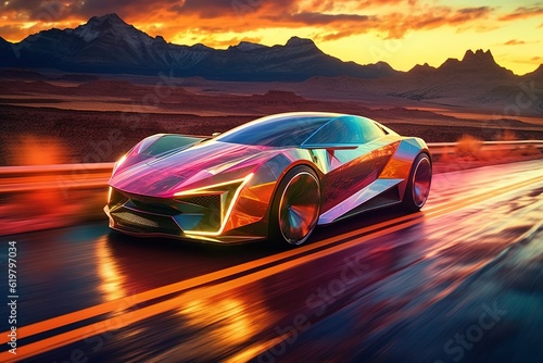 Futuristic car on the road. Made with generative artificial intelligence. © Viktor