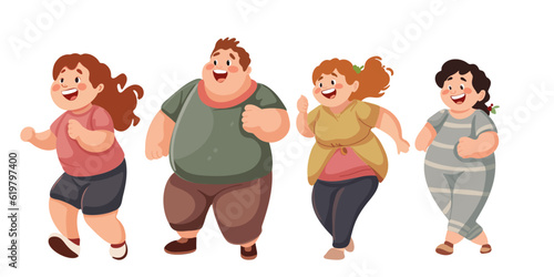 Set of cute happy fat kids, boys and girls, cartoon vector illustration