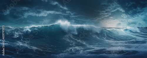 Sea wave in ocean during rage storm  the power water nature  panorama photo. generative ai