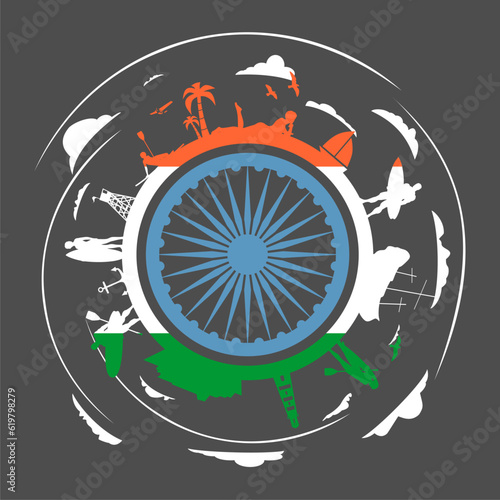 Circle with tropical recreation relative silhouettes. Objects located around the circle. Human posing with surfboard,cruise ship, palm and lifeguard tower. Flag of India