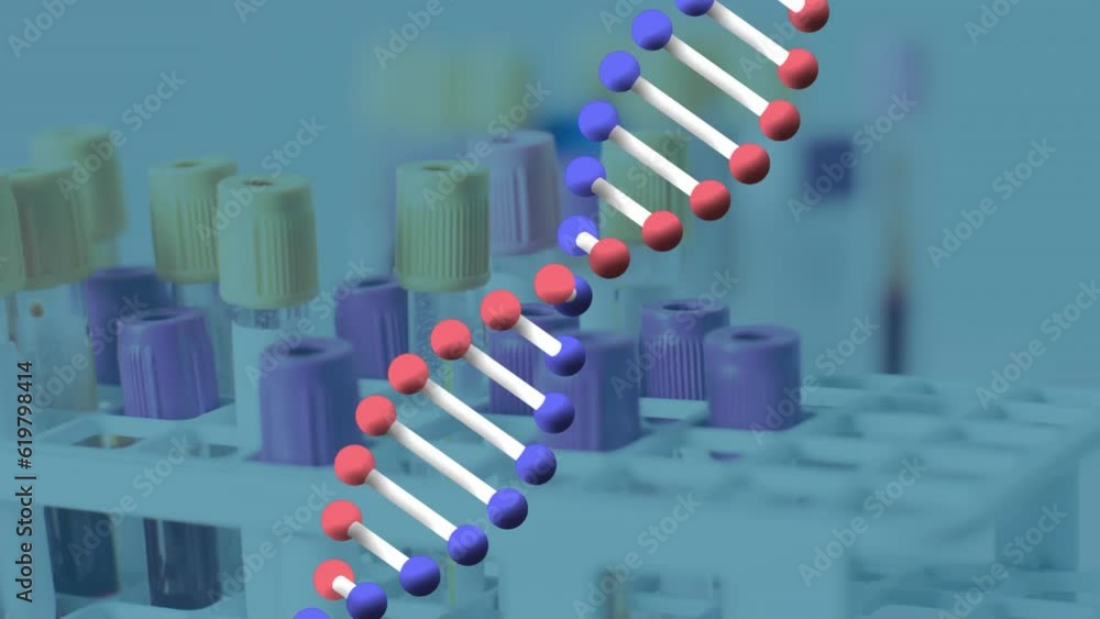 Animation of dna strand spinning over laboratory test tubes Animation of dna strand spinning over laboratory test tubes