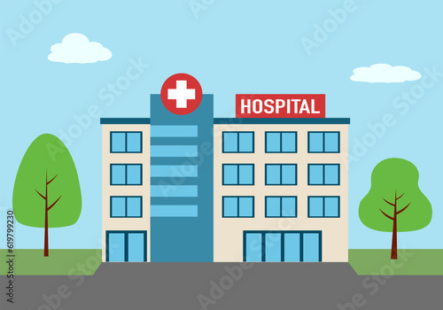 Modern hospital building exterior in flat design.