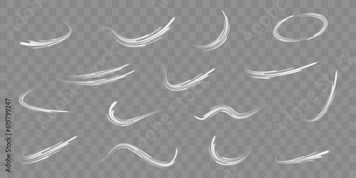 Special white christmas effect on transparent background.  Light stripes in the form of drill, turns and swirl. Long time exposure. Vector.