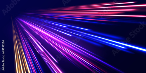 Neon stripes in the form of drill, turns and swirl. Illustration of high speed concept. High-speed light trails effect. Futuristic dynamic motion technology. 