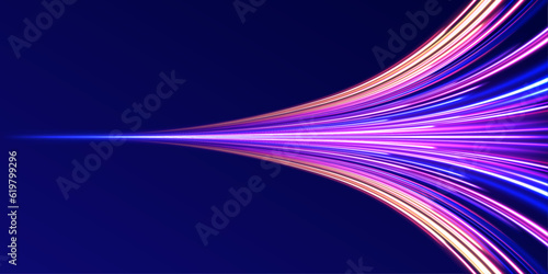 Panoramic high speed technology concept, light abstract background.  Curved light trail stretched upward. Fast speed car.